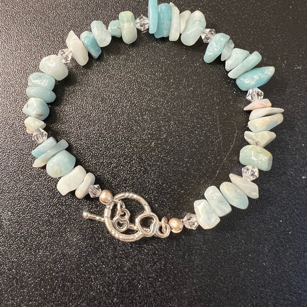 Natural Larimar Stone Chips Boho Beach Resort Silver Tone Toggle Clasp Bracelet